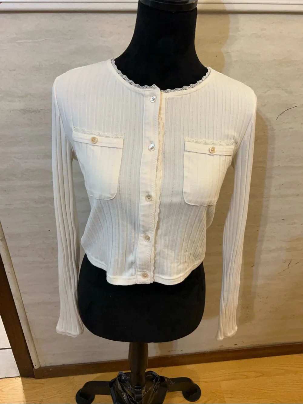 J.Crew Ribbed Lace-Trim Cropped Cardigan
